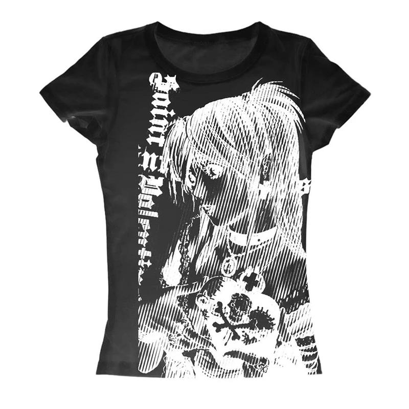Y2k anime Streetwear col rond 90s texte impression hauts femmes Harajuku vêtements Simple Vintage T-