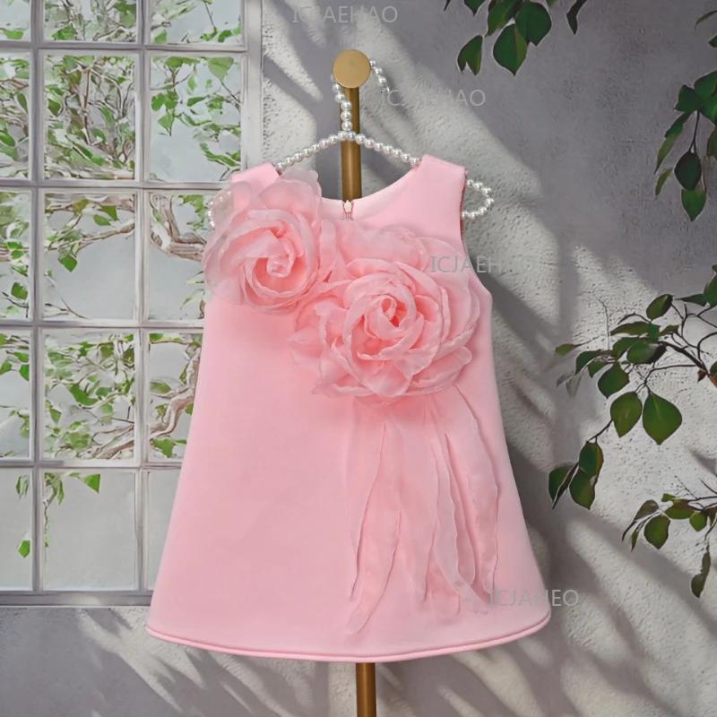 Nouvelle Robe de Princesse Rose Sans Manches pour Filles, Robe de Soirée Élégante avec Fleurs 3D pou