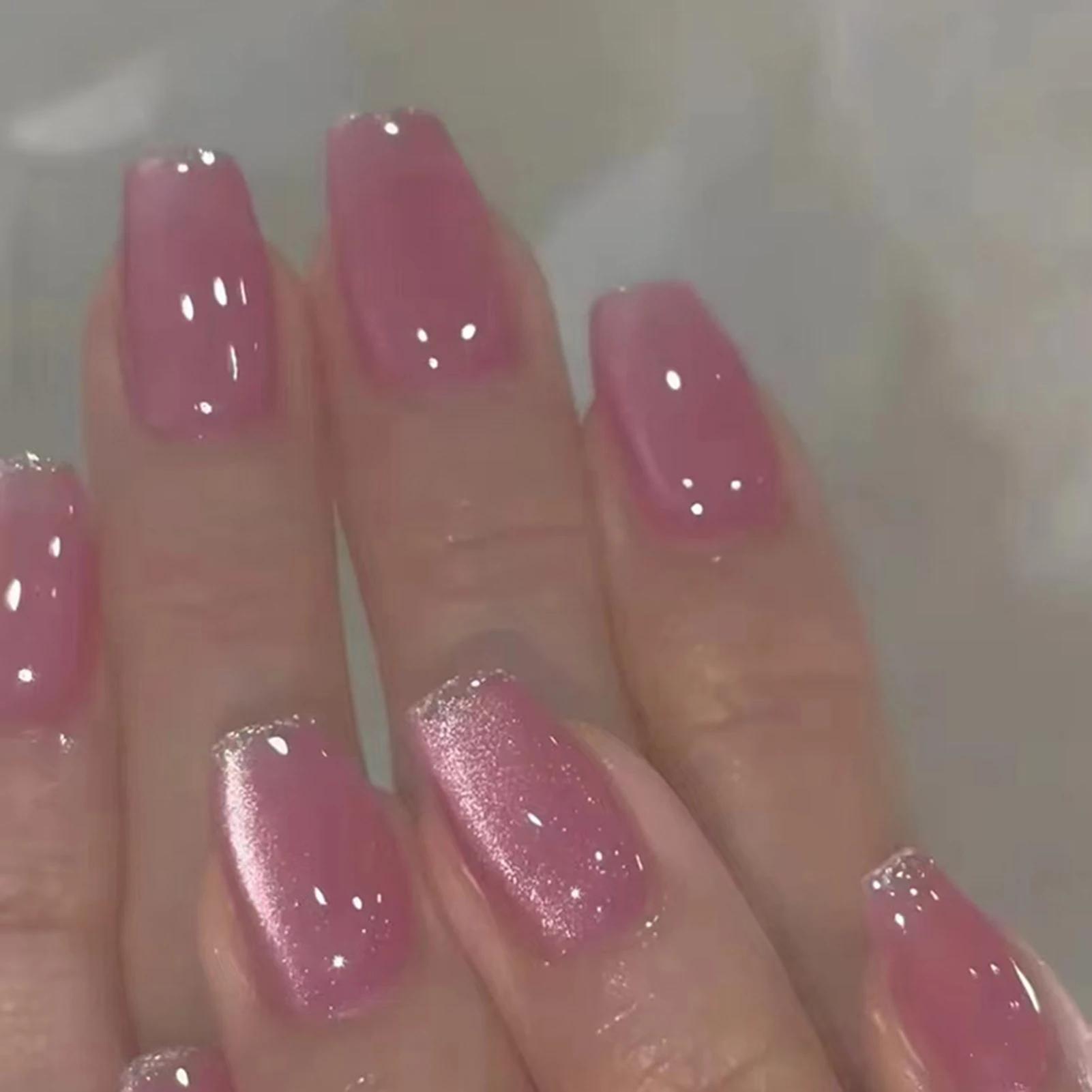Faux ongles en forme d'oeil de chat rouge Rose, amande, manucure Simple, DIY, 24 pièces, à pression,