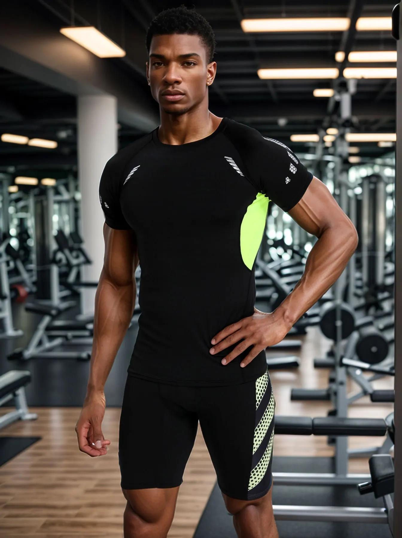 T-shirt de sport à séchage rapide pour hommes, haut de couche de base athlétique à haute élasticité,