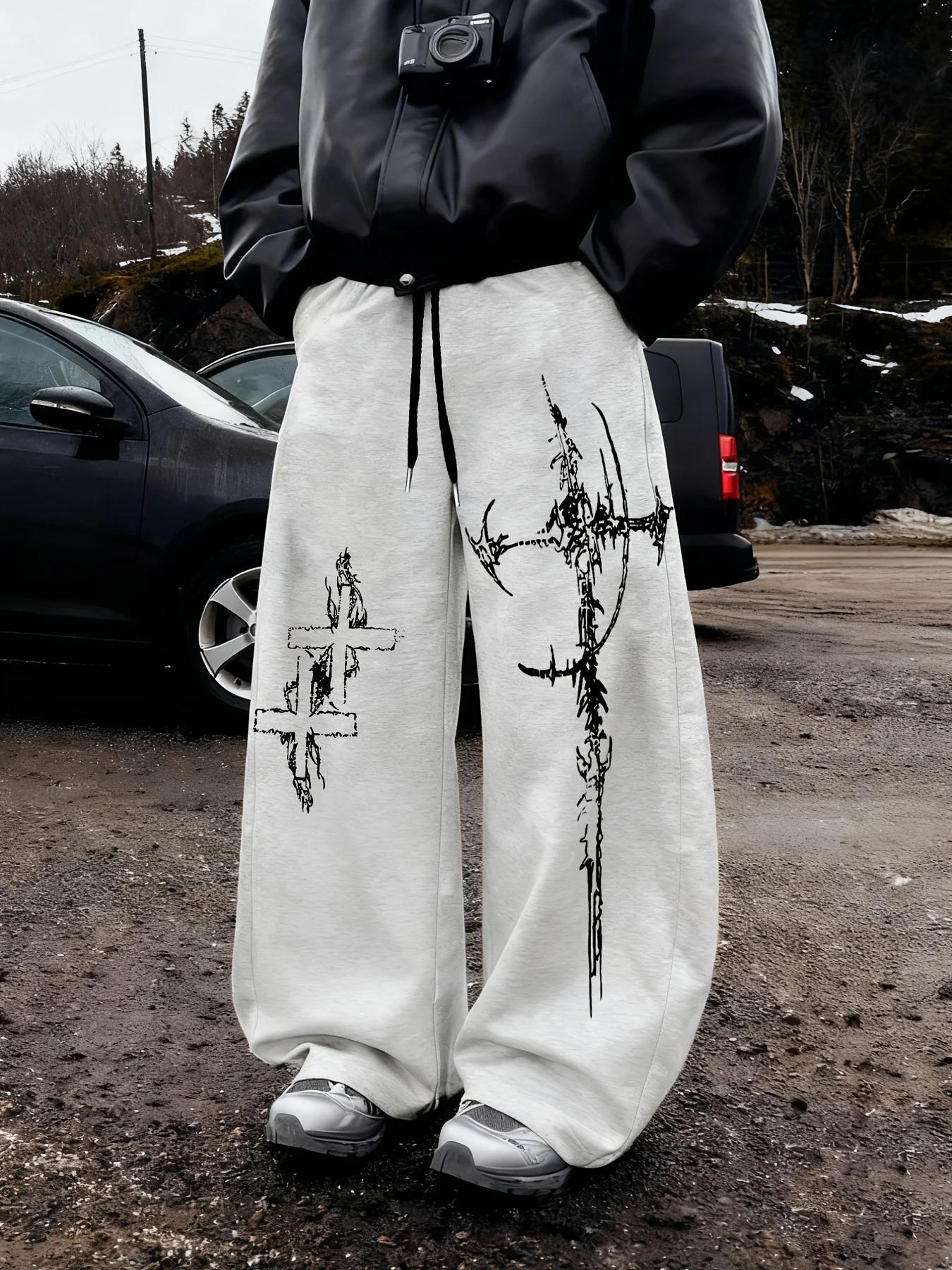 Pantalon de sport décontracté et tendance pour homme, imprimé motif croisé, avec cordon de serrage,