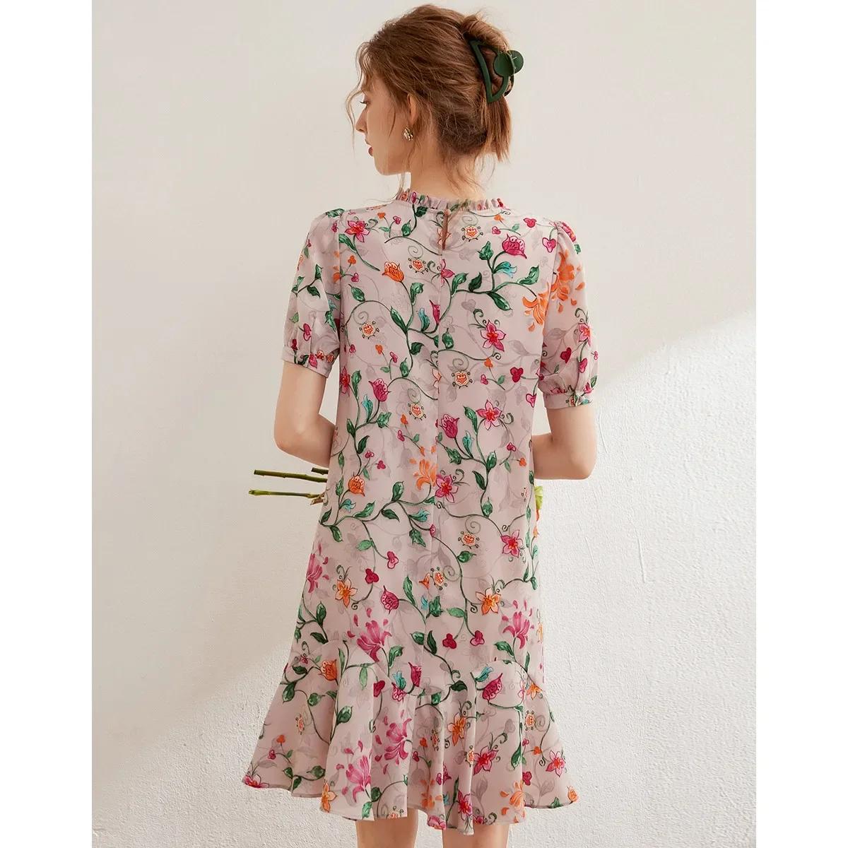 Modiis Yao-Robe florale brodée élégante, dentelle perlée, col rond, manches courtes, robe courte A-L
