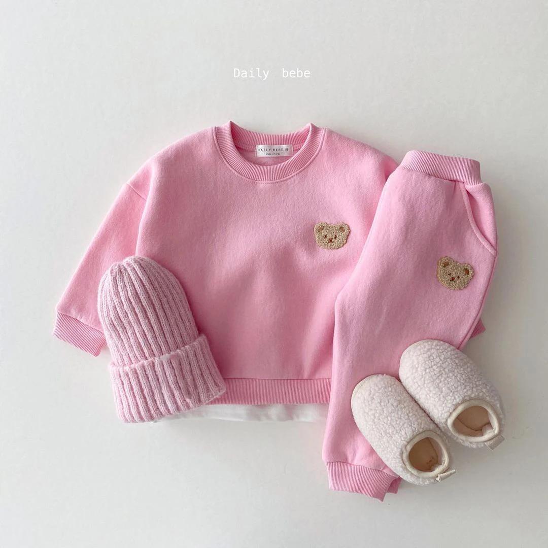 Ensemble de pull en polaire avec broderie d'ours pour fille de 1 à 5 ans, sweat-shirt + pantalon de