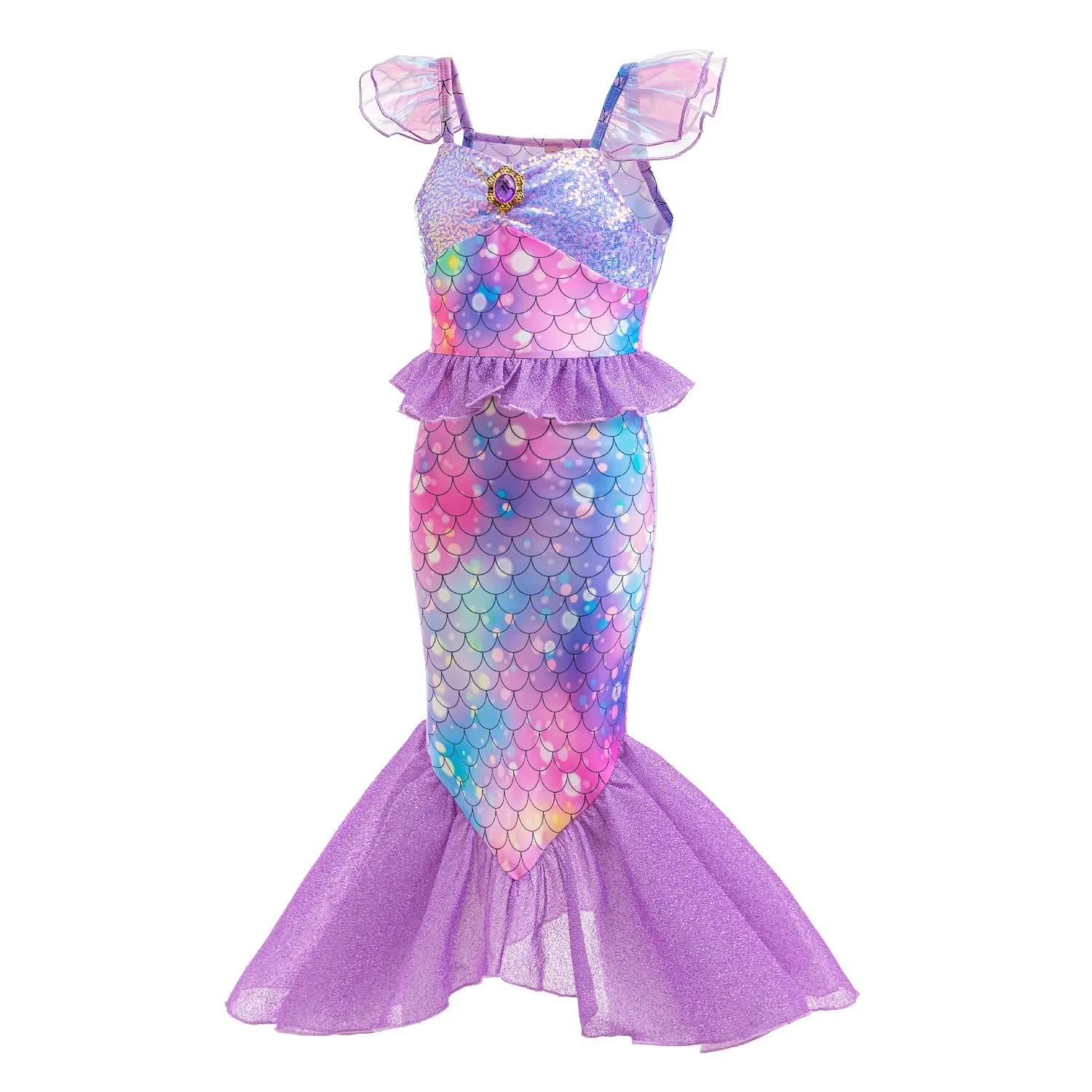 Robes de princesse sirène violettes pour filles, imprimé à motifs de poisson, Costume queue de poiss
