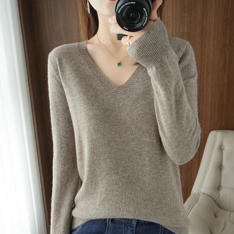 Pull en cachemire à col en V pour femme, col en dentelle, design évidé, décontracté, manches longues
