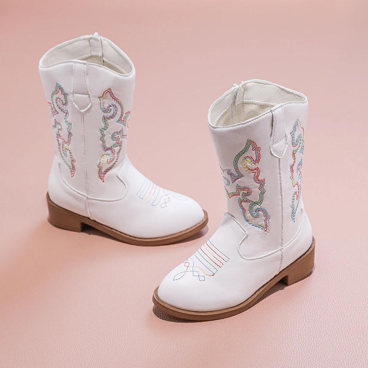 Bottines de Cowboy en PU pour filles, mi-mollet, antidérapantes, fermeture éclair latérale, simples,