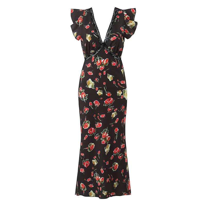 YENKYE romantique dentelle garniture imprimé fleuri crayon robe Sexy femmes manches volantes col en