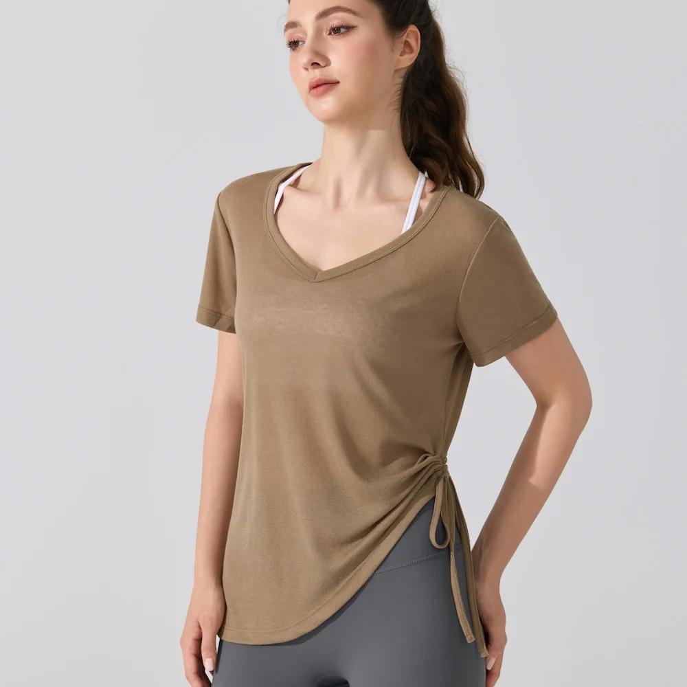 2025 T-shirt athlétique à manches courtes coupe ample pour femme – Conception à cordon plissé – Haut