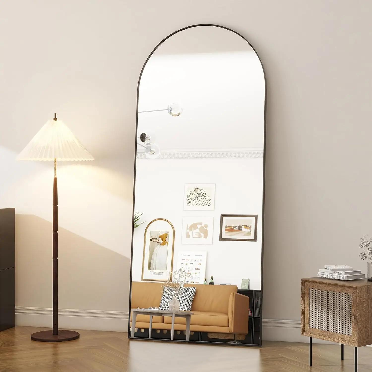 Miroir pleine longueur arqué sur pied, miroir Leautobloquant, cadre en aluminium, décoration d'intér