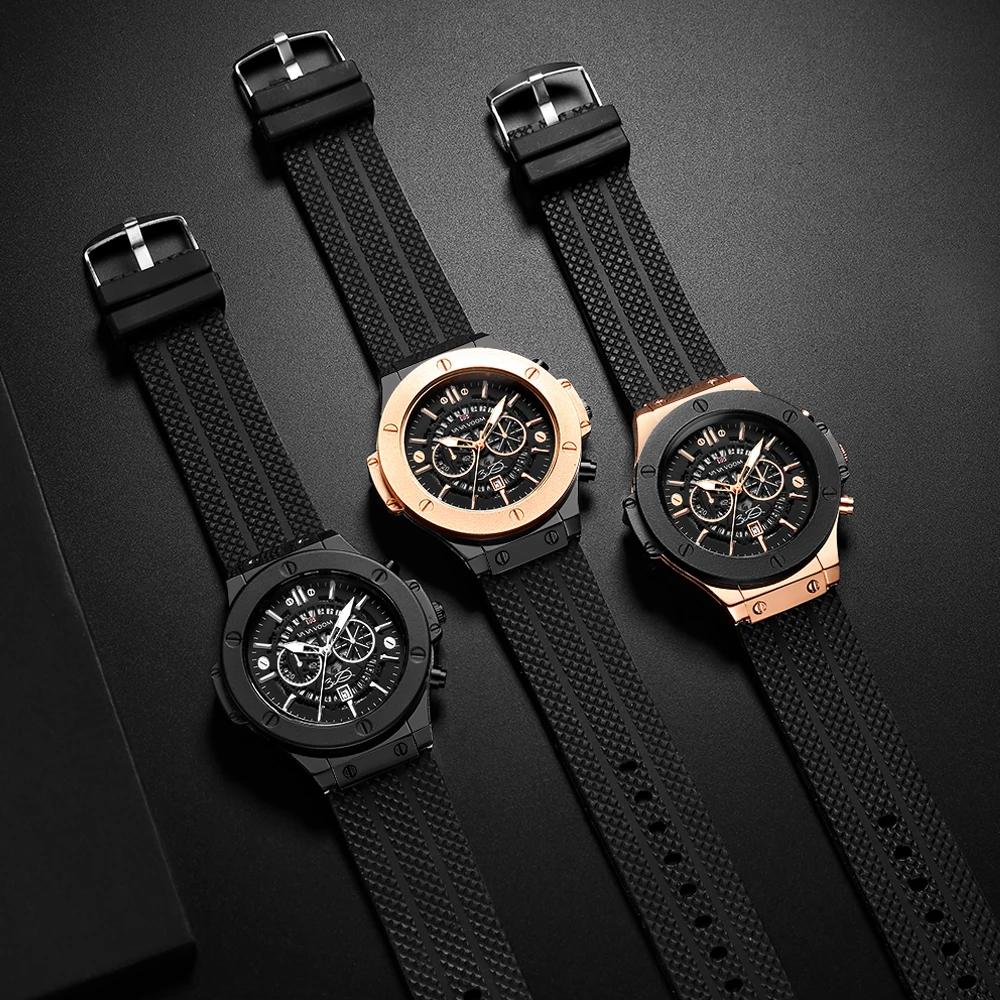 Montre de sport en Silicone noir pour hommes, main ajourée de 46mm, grand cadran, or Rose, Style mil