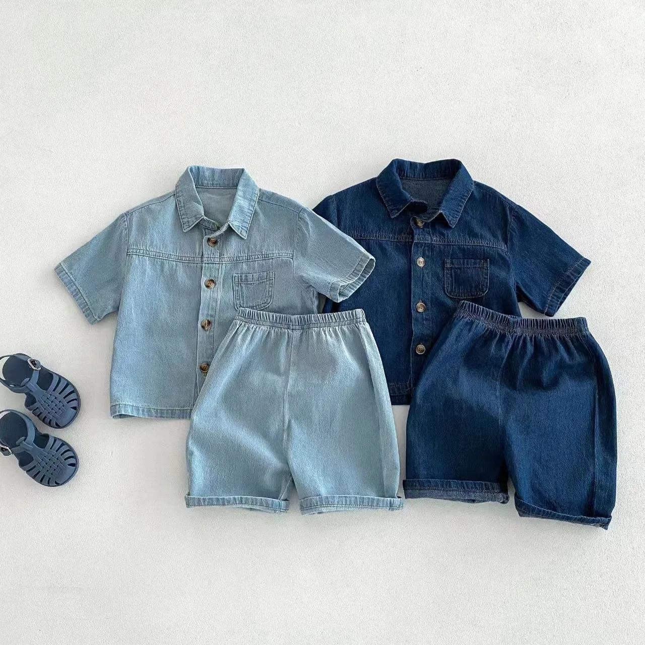 TZ2456 Ensemble de vêtements en jean pour enfants de style coréen, pantalon en jean à manches courte