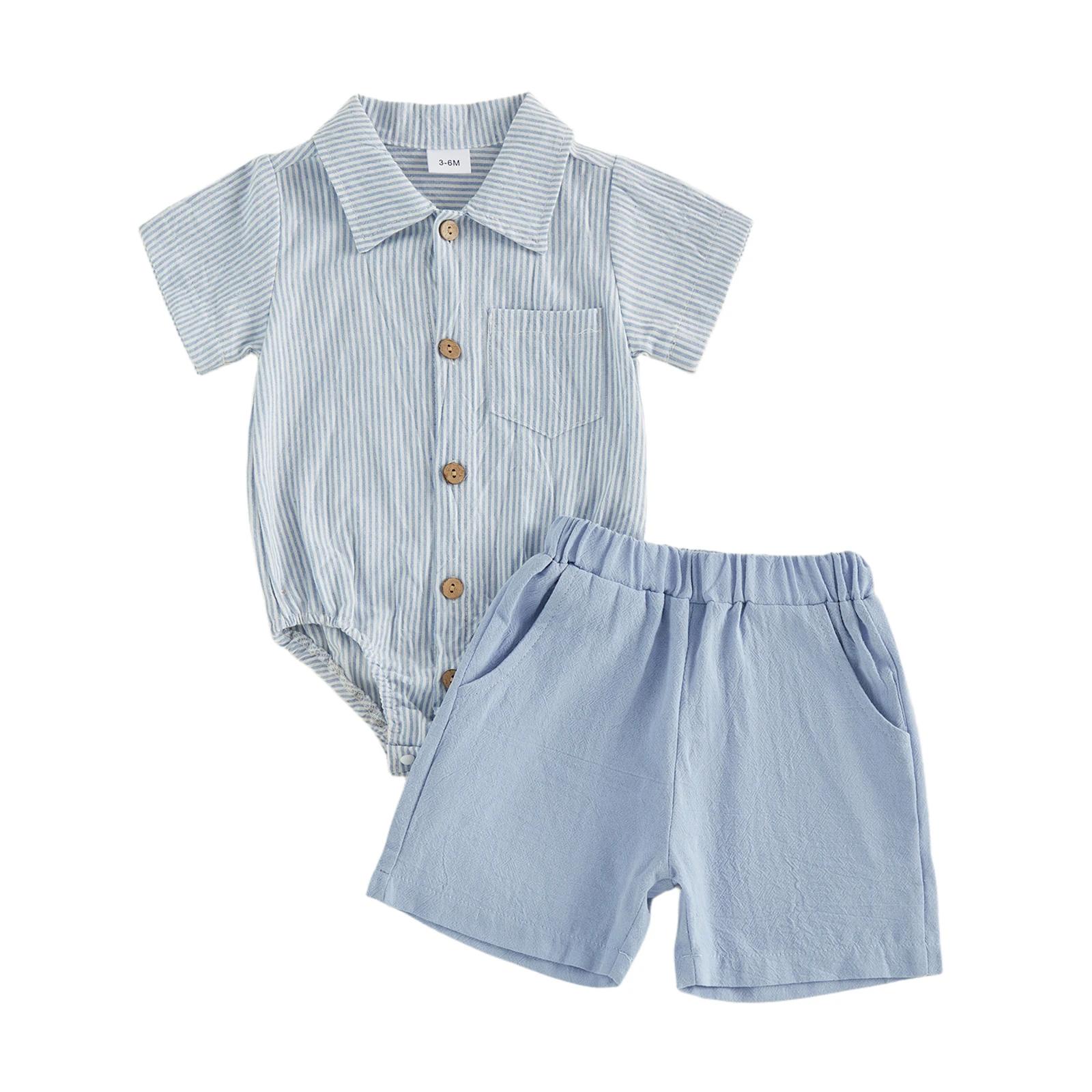 Vêtements pour bébé garçon, tenue 2 pièces, adorable barboteuse rayée à manches courtes et col rabat