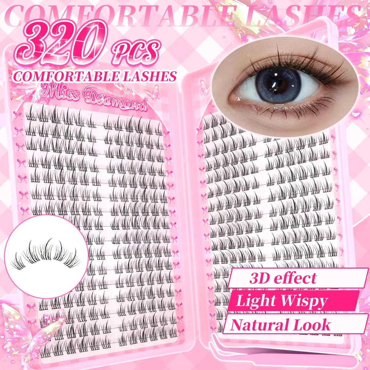 Faux cils naturels légers en grappe de 320, Style tournesol C-Curl, réutilisables pour débutants