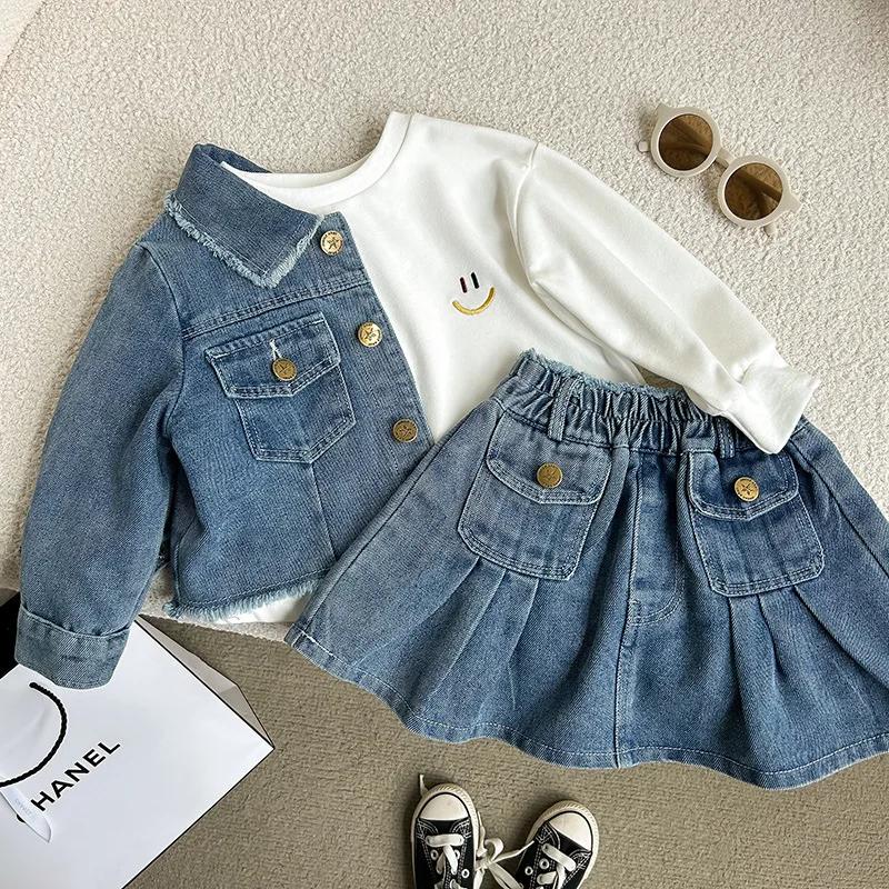 Ensemble en jean pour fille de 2 à 8 ans, avec revers rétro, veste en jean à manches longues + jupe