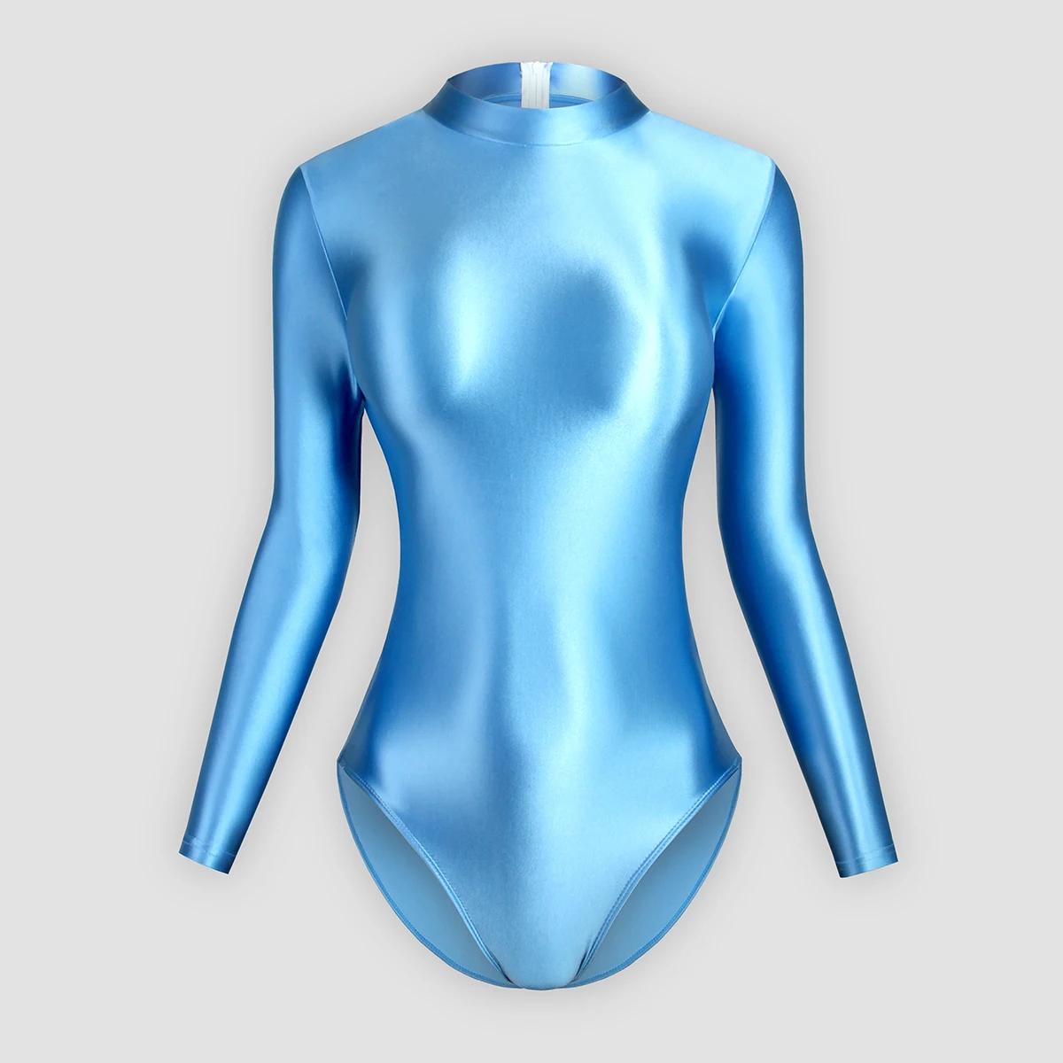 Maillot bain une pièce satin femme manches longues - Justaucorps sexy dos zip grande taille