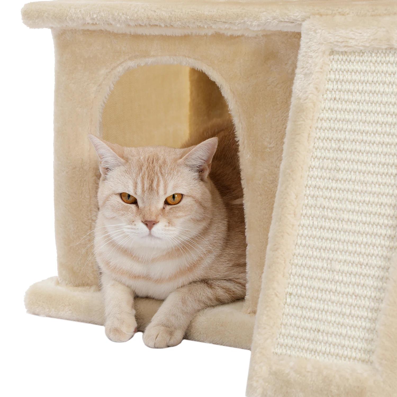 Tour d'arbre à chat en bois avec double condos, perchoir spacieux, poteaux en sisal à gratter entièr