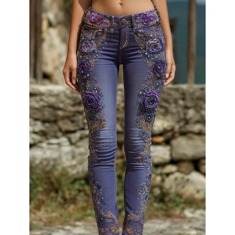 Jeans à jambes droites à imprimé floral pour femmes, style européen et américain, pantalon en denim