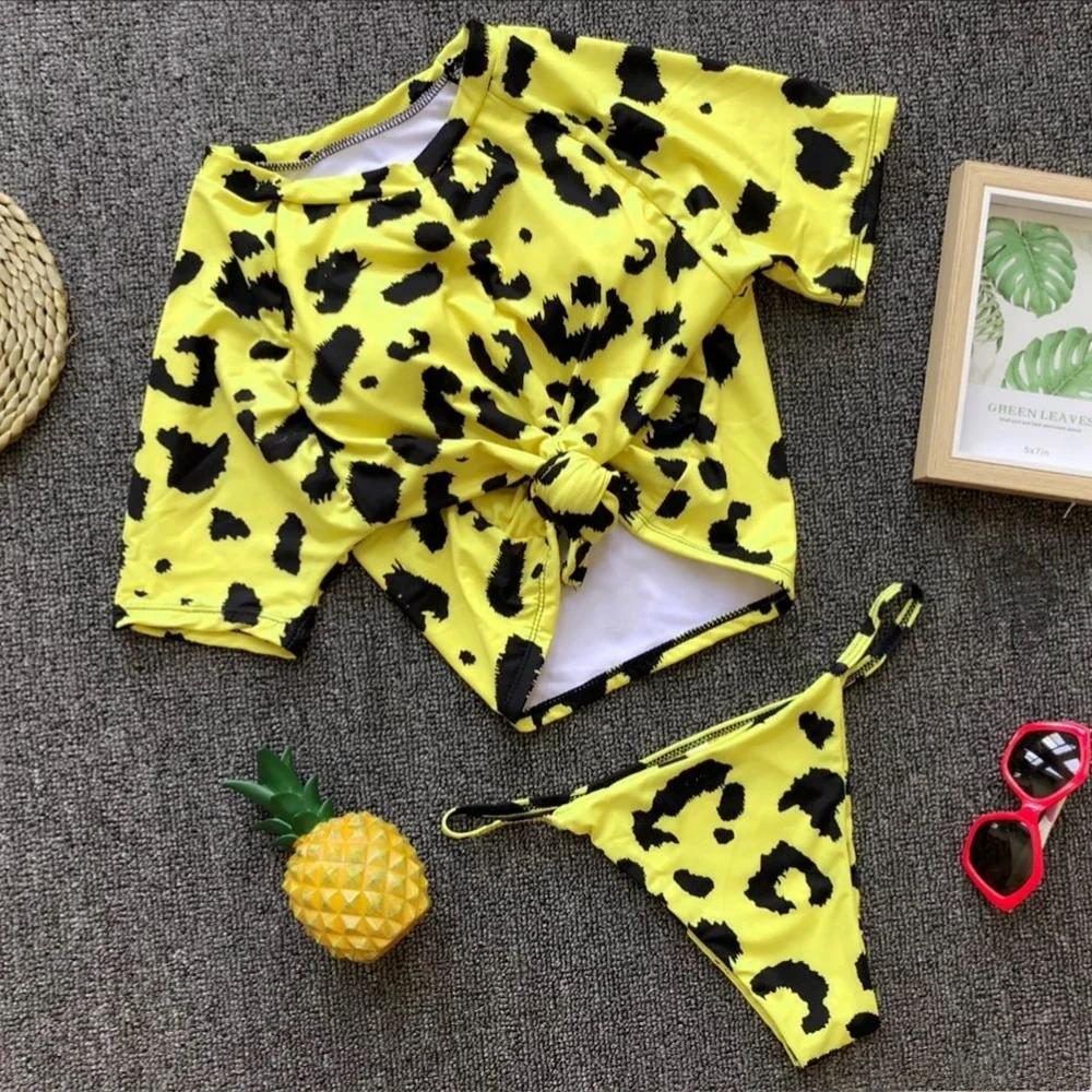 Maillot de bain deux pièces sexy 4 couleurs pour femme, à manches courtes, noué, uni, tenue de plage