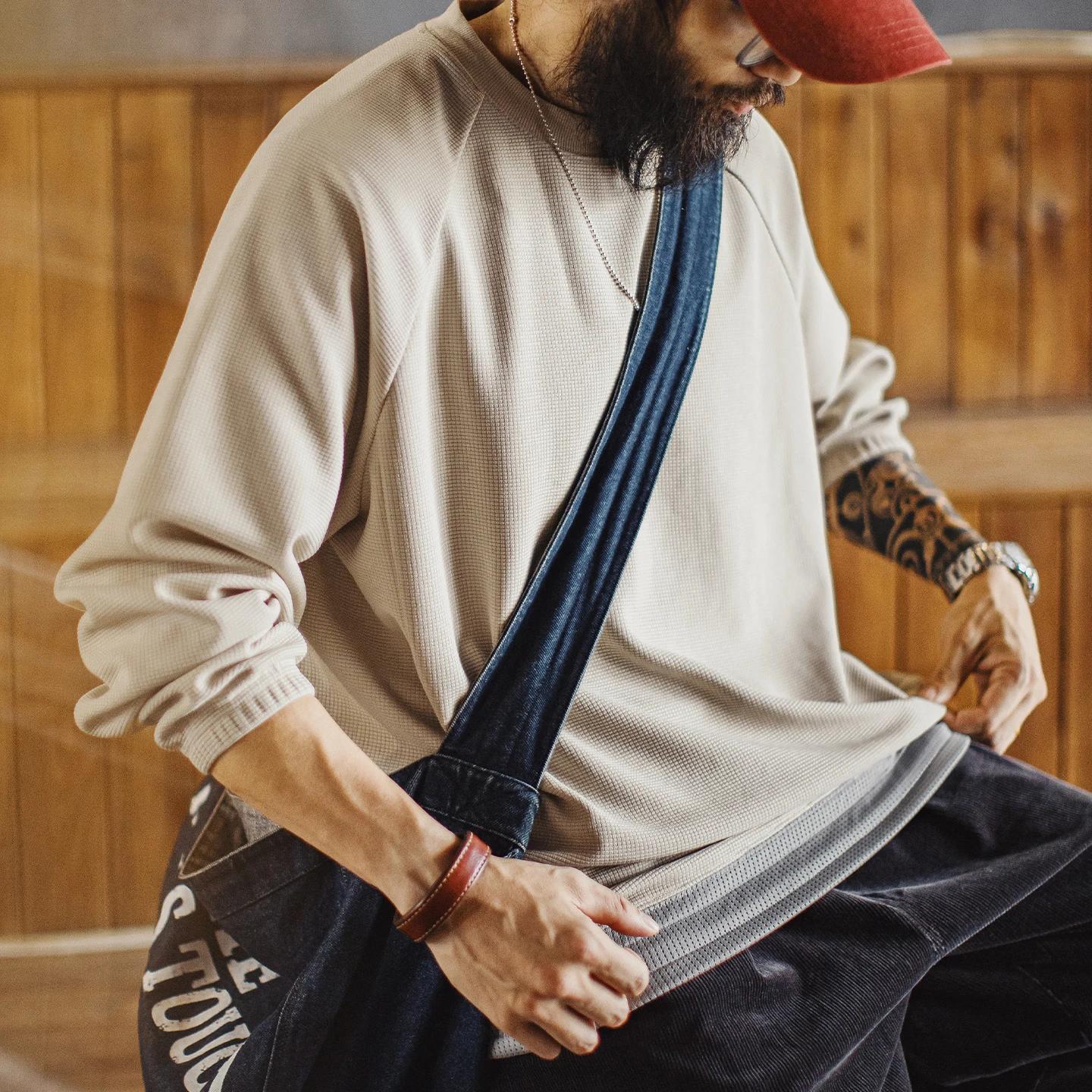 Maden Sweat-shirt décontracté en tissage gaufré pour homme Coupe ample Pull à col rond Ourlet à cord
