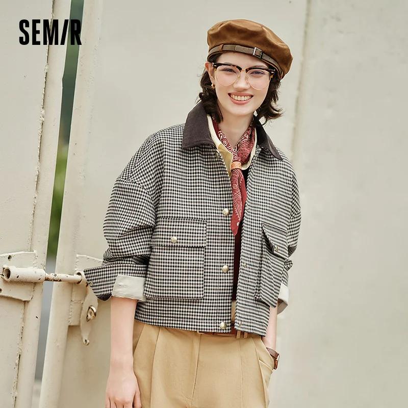 Semir veste femmes recadrée col tournant à la mode en vrac 2025 nouveau automne Plaid mode manteau