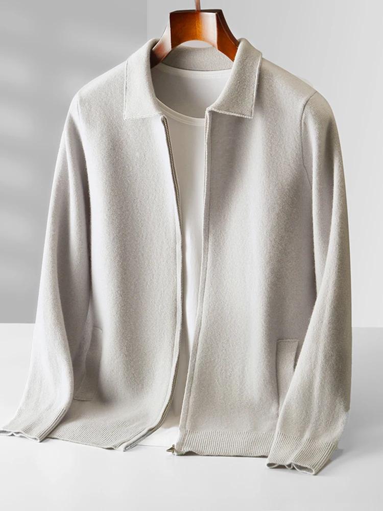 Pull à col rabattu en laine mérinos pour hommes avec fermeture éclair, manteau cardigan, tricots en