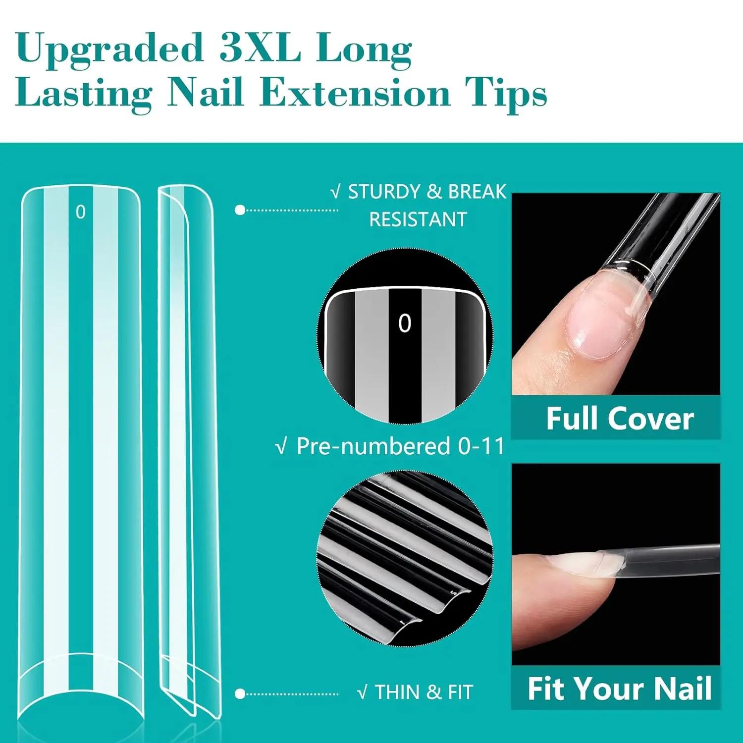 240PC professionnel 3XL Extra Long clair carré ongles conseils 12 tailles demi-couverture ongles acr