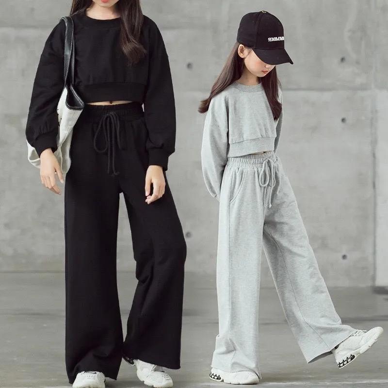 Ensemble de couleur unie pour filles, pull court à manches longues et pantalon, 2 pièces, nouvelle m