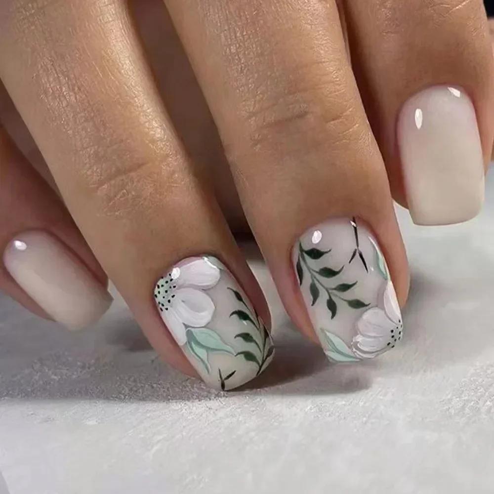 Faux ongles carrés courts et verts, 24 pièces, avec colle, flore, brillant, Simple, couverture compl