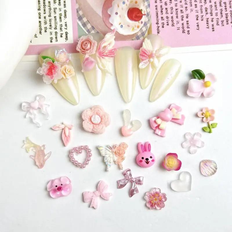 Breloques en résine 3D pour les ongles, mélange aléatoire, rose doux, fleur rose, accessoires de déc