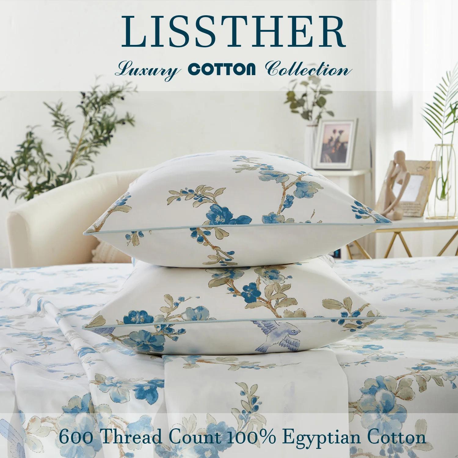 Ensemble de housse de couette 100% coton égyptien 600TC, 3 pièces, motif Floral aquarelle bleu, doux