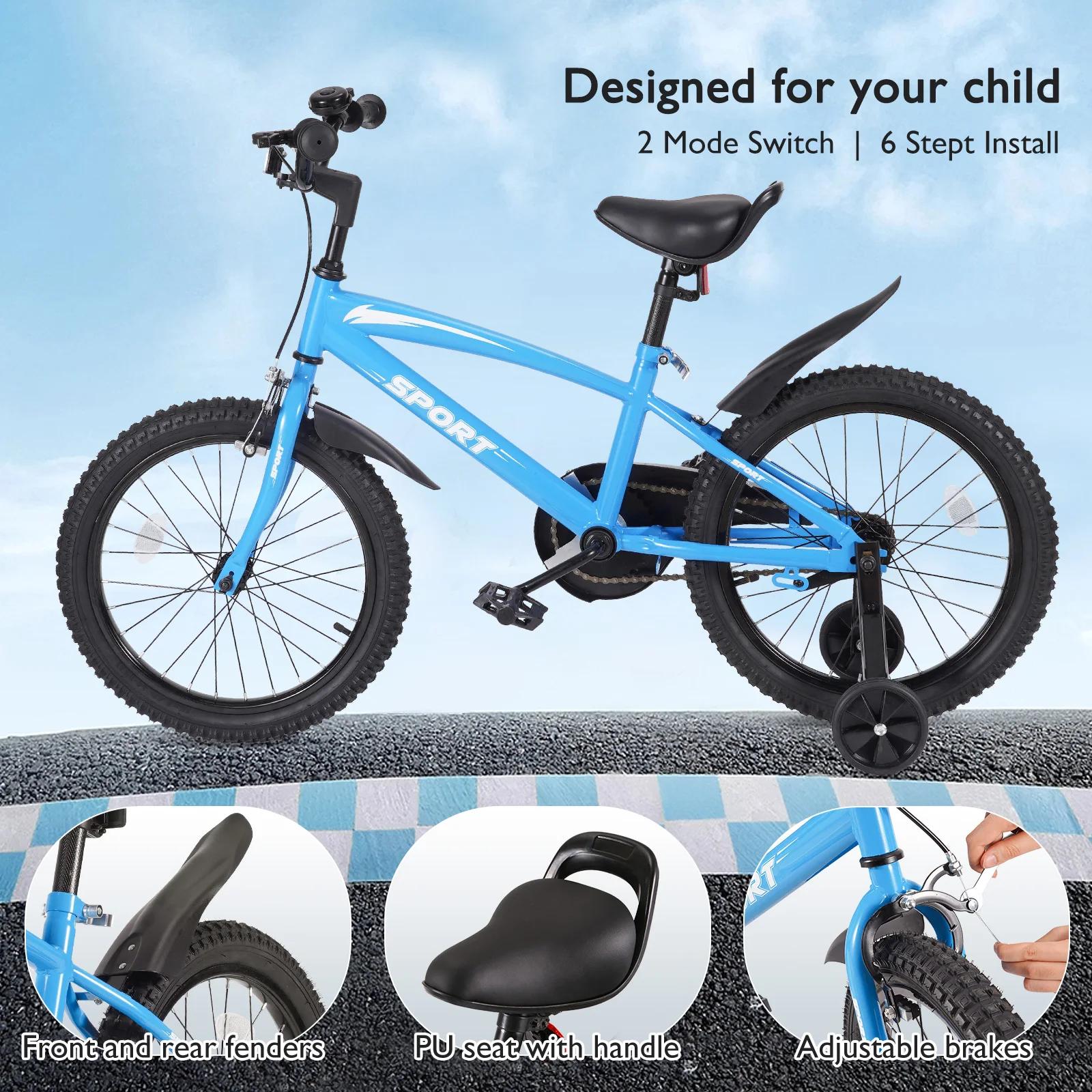 Vélo de 18 Pouces pour Enfant Fille et Garçon, Bleu, avec Roues d'Entraînement, pour les 5 à 10 Ans