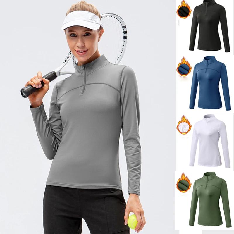 Haut de sport femme manches longues velours - Yoga fitness randonnée vélo col zippé automne