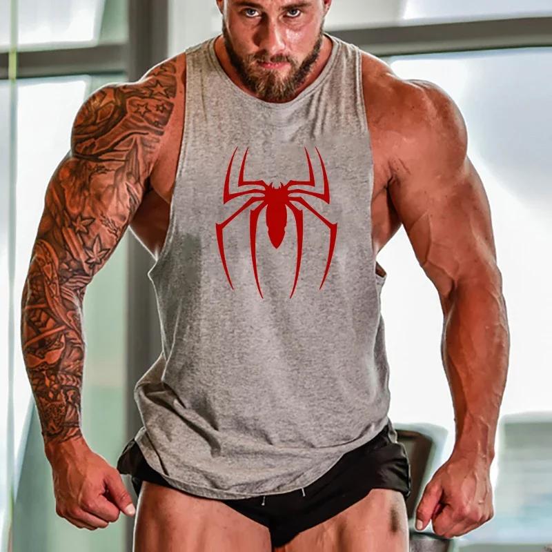 Débardeur de course imprimé araignée rouge, T-Shirt sans manches respirant en coton pour hommes, vêt