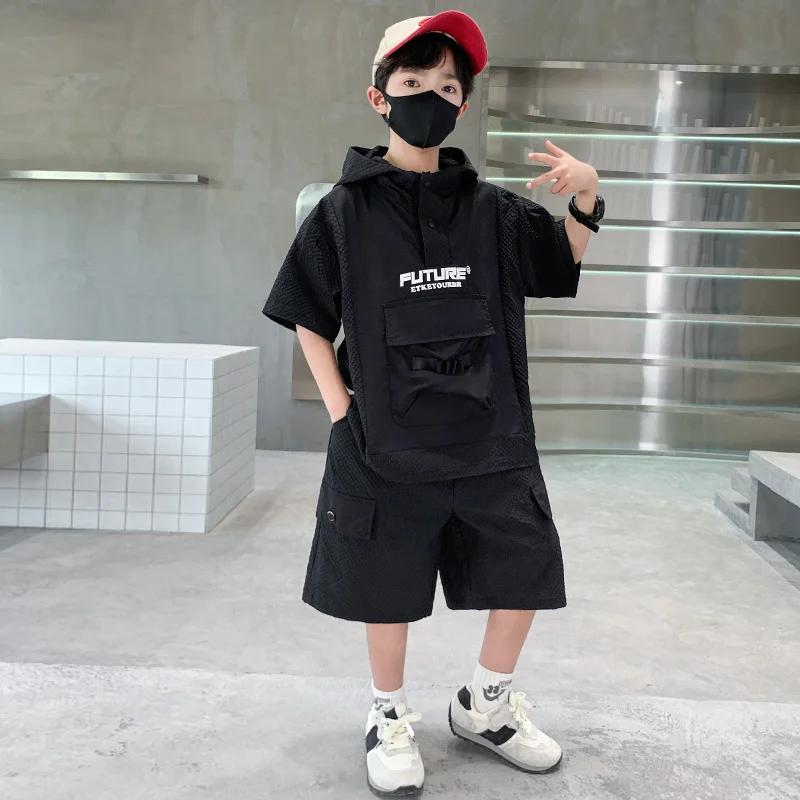 Ensemble de survêtement d'été pour enfants, T-Shirt à capuche à manches courtes + Short, ensemble de