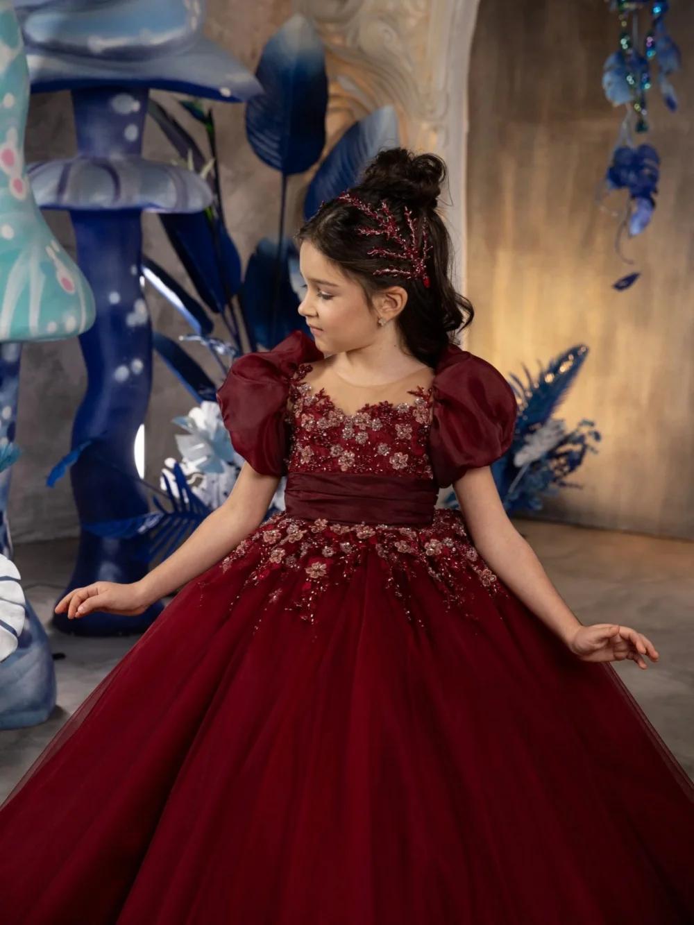 Robe de princesse en dentelle bordeaux avec appliques, tenue de spectacle pour enfants, manches bouf