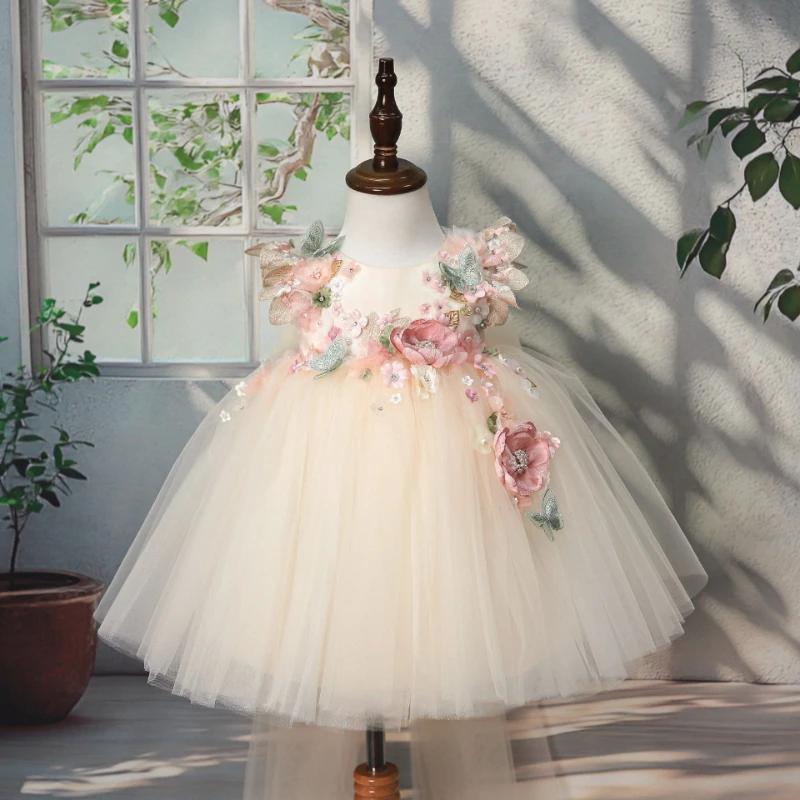 Robe Lolita pour filles, fleurs 3D, tulle bouffant, perles, robe de princesse pour demoiselle d'honn