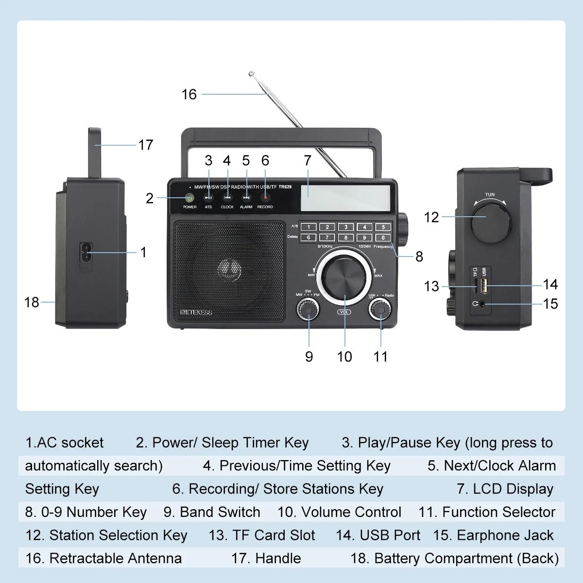 Retekess TR629 Radio Portable AM FM SW Multibande Radio à ondes courtes stéréo Mp3 haut-parleur batt