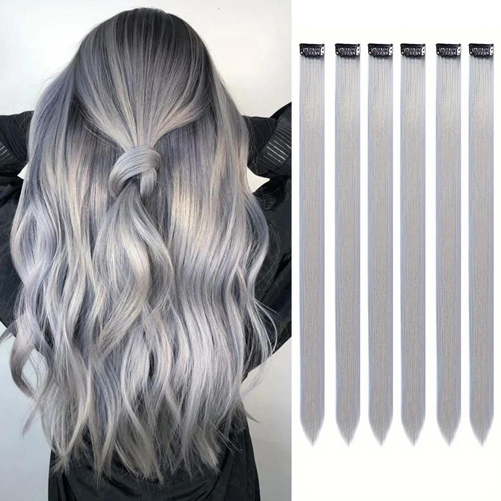 Extensions capillaires synthétiques à clips, 6 pièces/paquet, reflets colorés pour filles, 22 pouces