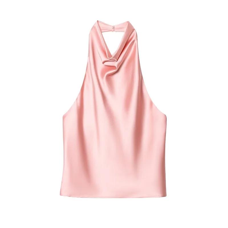 MUJER 2025 haut à licou pour femmes noir Satin dos nu haut femme rose été plage haut femme épaules n