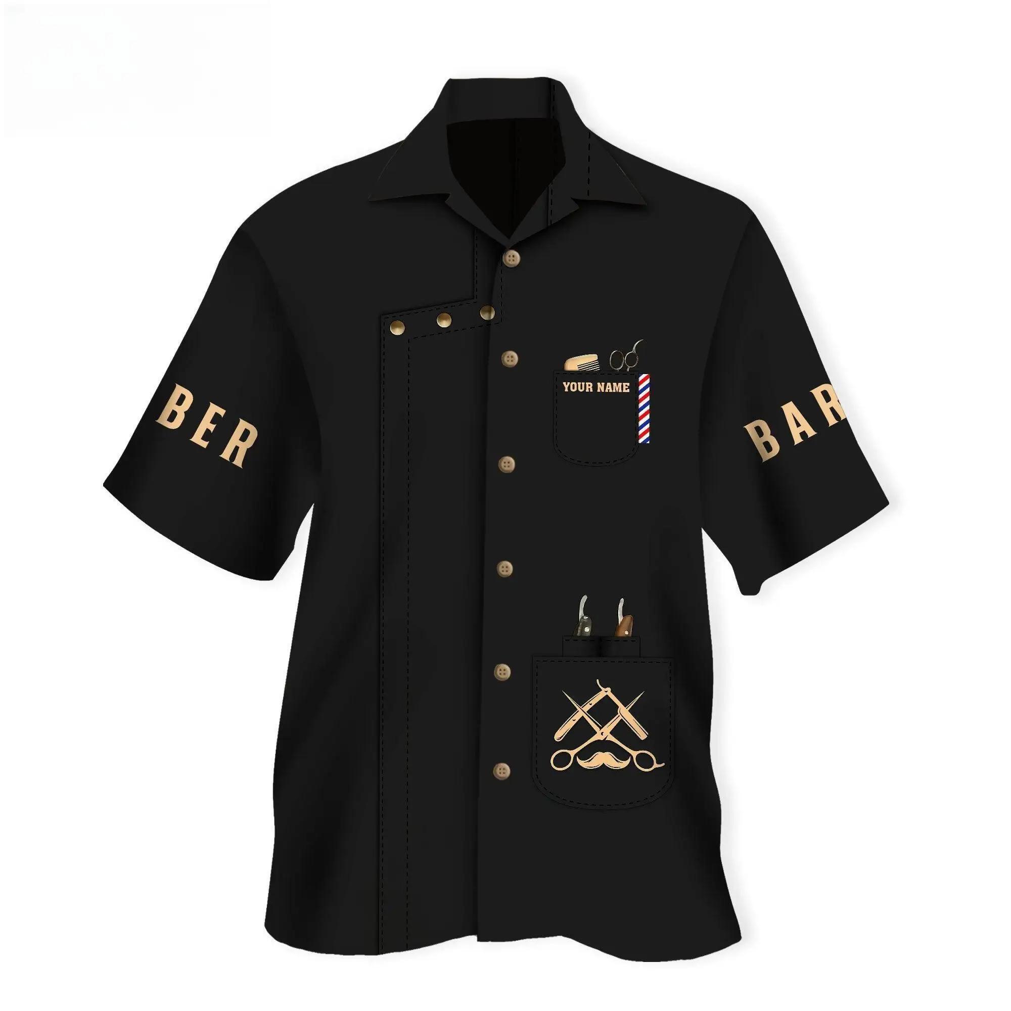 Chemise hawaïenne personnalisée pour hommes, nom d'été décontracté, barbier imprimé en 3D, manches c