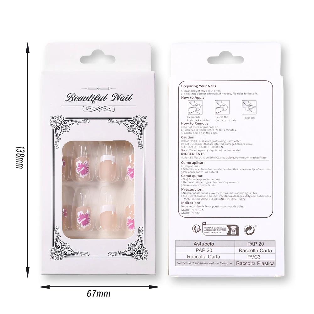 24 pièces blanc rose fleur acrylique faux ongles court carré français faux ongles portable couvertur
