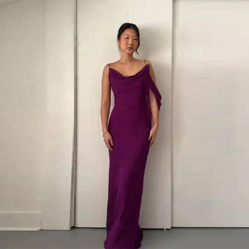 Robe longue en mousseline violette pour femme, collection été 2026, avec bretelles spaghetti, col dr