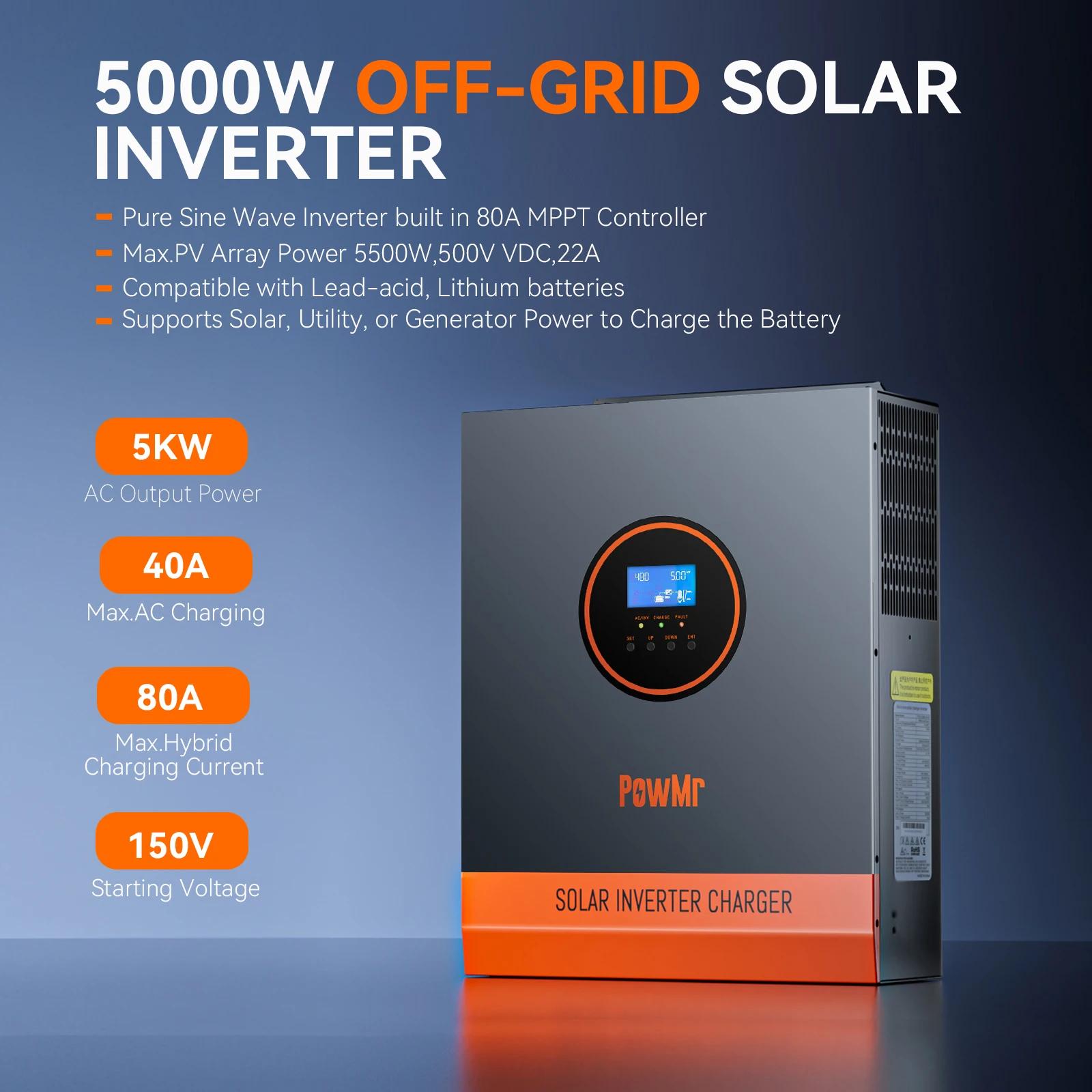 PowMr 5000W 48V 110/120VAC sortie MPPT onduleur solaire hybride PV 500VDC avec contrôleur de chargeu