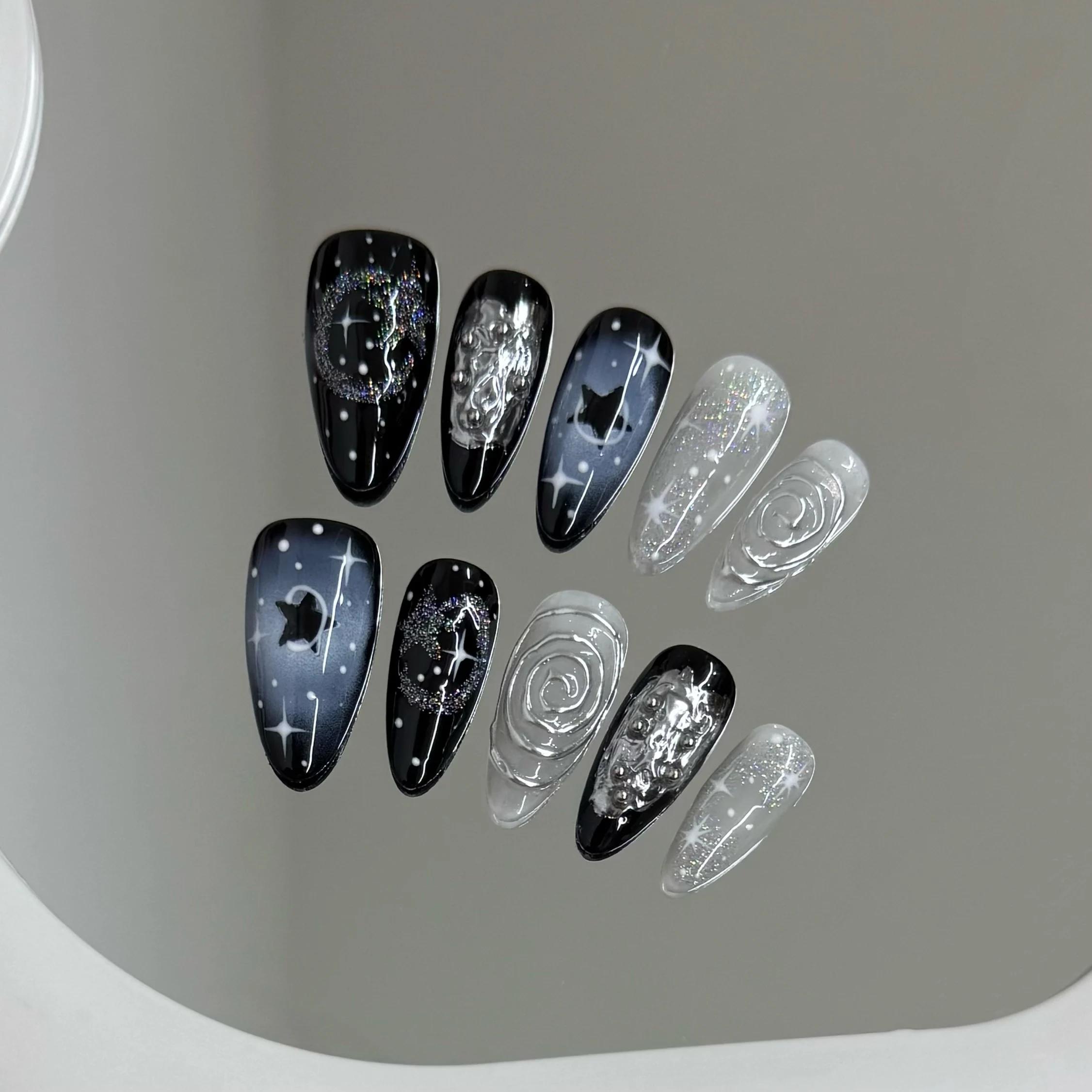 Faux ongles à pression faits à la main Y2k, ciel étoilé, amande, détachables, portables, doux et fra