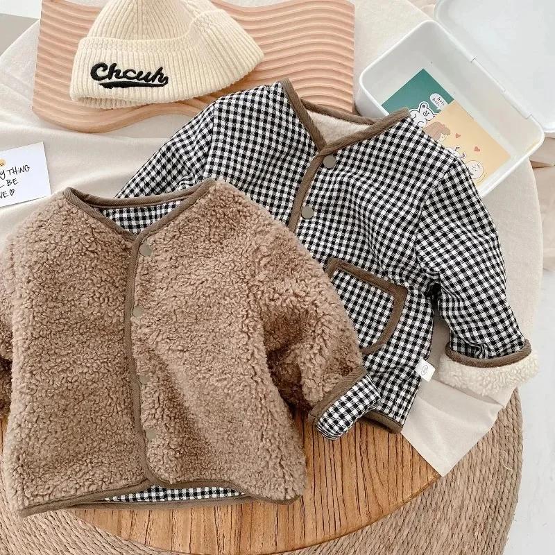HoneyCherry automne et hiver nouvelle veste chaude enfants deux côtés porter Plaid en peluche veste