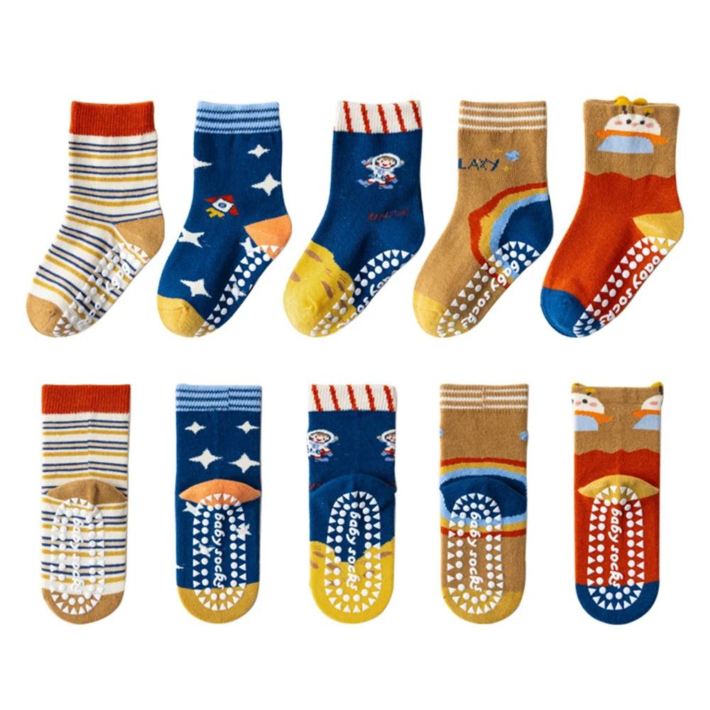 5 paires de chaussettes antidérapantes en coton pour enfants, chaussettes de sol à fleurs de dessin