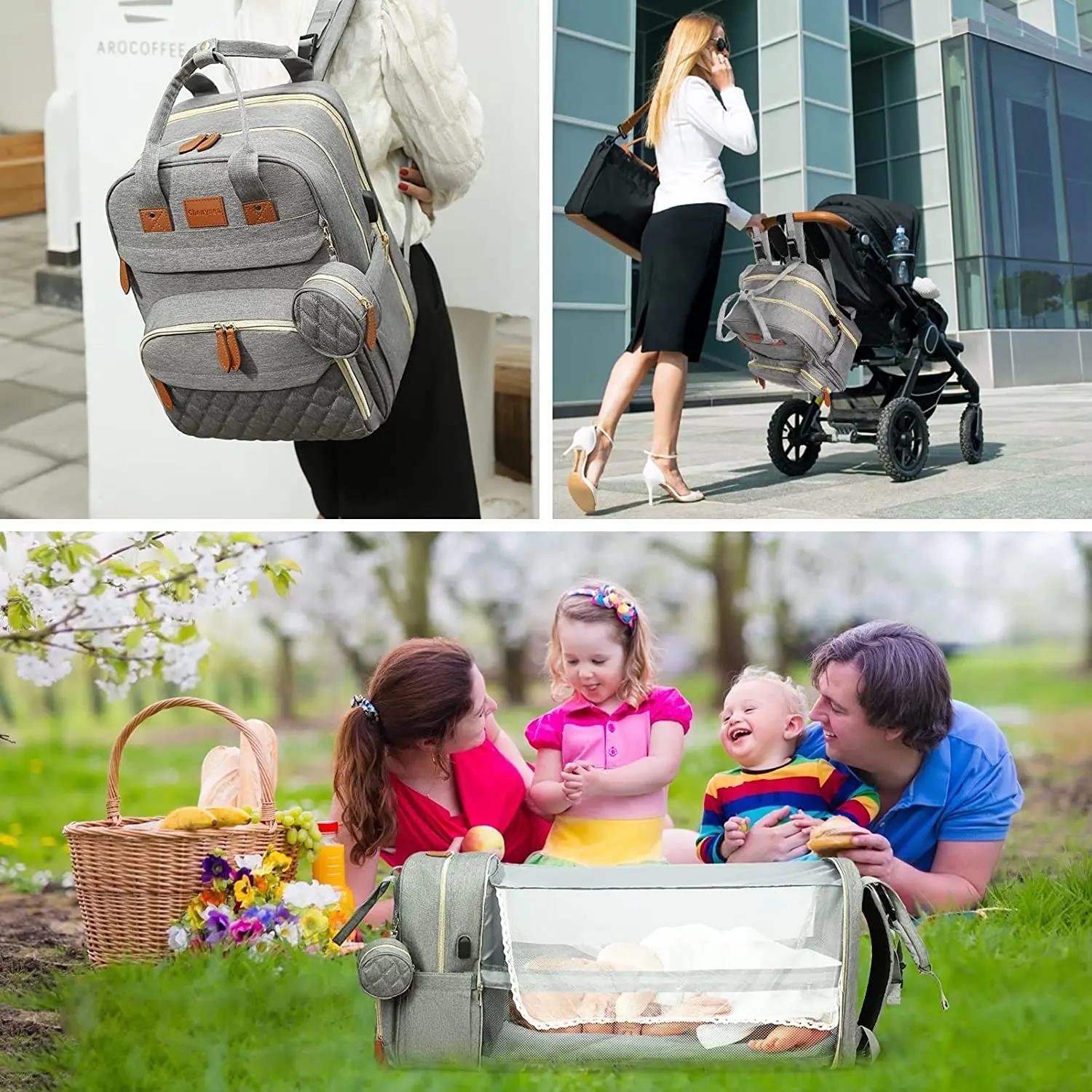 Sac à langer 3 en 1, sac à dos pliable pour lit de bébé, sac de voyage étanche avec chargeur USB, sa