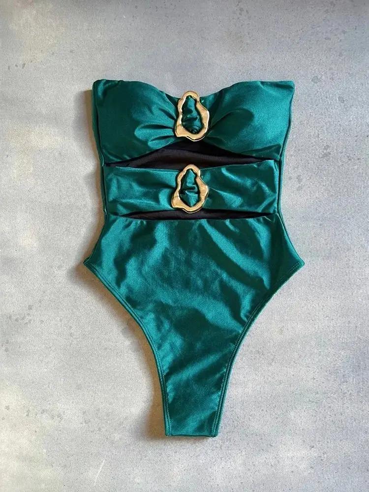 Maillot de bain femme une pièce bandeau jambe haute - Anneaux métal découpé sexy 3 couleurs