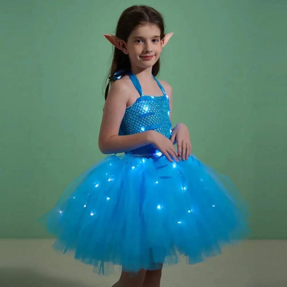 Costumes d'Avatar avec Lumières LED pour Bol, Robe Tutu Dégradé d'Halloween avec Oreilles d'Elfe, Te