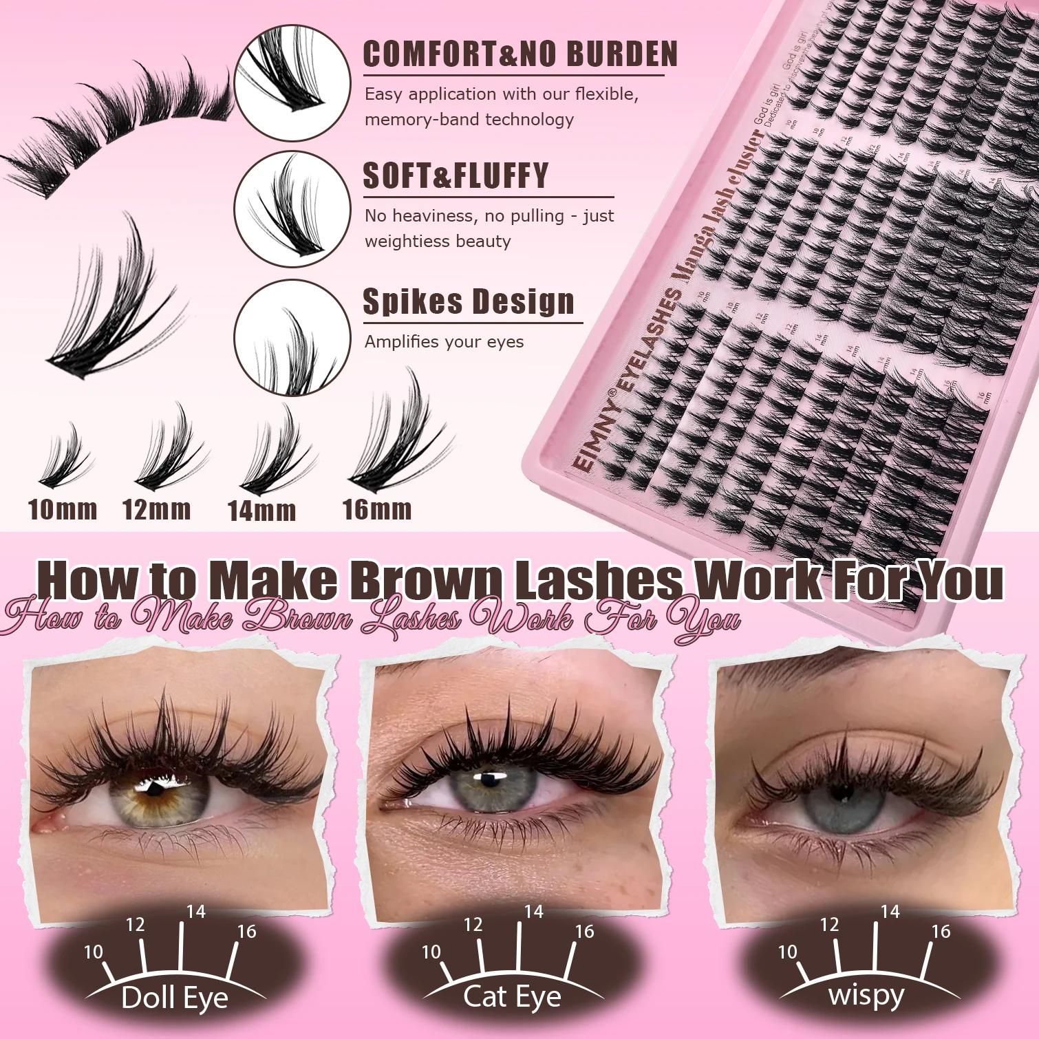 EIMNY 300 PCS Extensions de cils style Little Devil 10-16mm, avec colle, pinces, cotons-tiges, cils